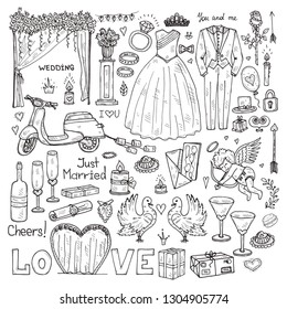 Set with cute hand drawn Wedding icons. Love collection. Vector