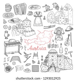 Set of cute hand drawn Welcome to Austria icons. Vector sketch. 