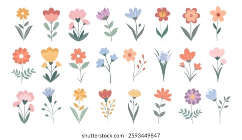 Set of cute hand drawn wild flowers. Beautiful collection of floral elements. Flat illustration