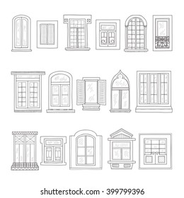 Set of cute hand drawn windows including 16 different types. Vintage windows collection