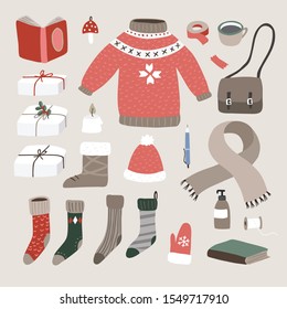 Set of cute hand drawn winter, Christmas lifestyle and fashion icons. Knitted sweater, cup of coffee, glove, Santa socks, gift boxes, bookes and candle. Vintage flat design. Isolated vector objects.