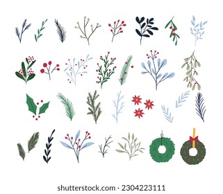 Set of cute hand drawn winter botany elements, flat vector illustration isolated on white background. Various branches, flowers, berries and wreaths. Floral Christmas decoration collection.