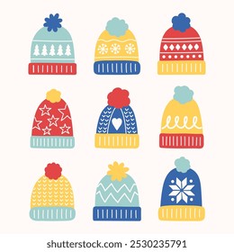 Set with cute hand drawn winter hats. Christmas elements. Vector illustration
