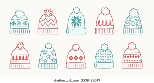 Set with cute hand drawn winter hats. Christmas elements. Vector illustration