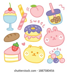 Set of cute hand drawn.Dessert concept.Rabbit,bear,candy,donut,bubble milk tea,bread,peach doodle.Kid graphic design.Sticker.Kawaii.Vector.Illustration.