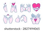 Set of cute hand gestures forming hearts, thumbs up and love symbols in pink and blue outline style, isolated on white background