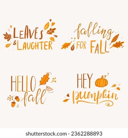 Set of cute hand lettered quotes about autumn. Hello fall, hey pumpkin and other hand written seasonal phrases