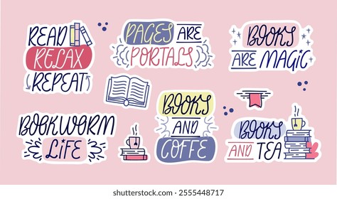 A set of cute hand lettering stickers with a book and reading theme. Bold playful typography of motivational and inspirational phrases. Calm and soft neutral colors and book themed doodles designs