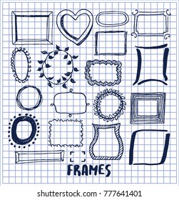 Set of cute hand made frames vector illustration with various shapes racks, lovely heart and leaves, rectangles and squares, oval minimalistic shells