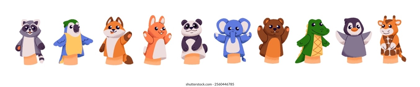 Set of cute hand puppets with animal shapes. Happy dolls of theater show for kids. Funny toys of bunny, fox, bear, elephant, parrot for child performance. Flat isolated vector illustrations on white