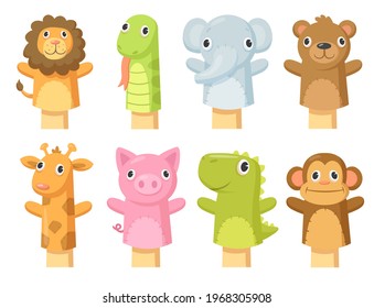 Set Of Cute Hand Sock Puppets. Cartoon Vector Illustration. Hand Sock Toys In Form Of Giraffe, Lion, Elephant, Bear, Snake, Pig, Crocodile, Monkey. Puppet Show, Toy Theater Concept For Banner Design