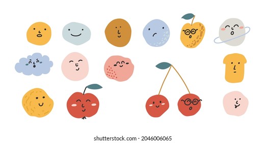 Set of cute hand-drawn abstract faces. Doodle illustrations of round shapes, apple, cherry, apricot, planet. Pretty funny illustrations for any kind of decorations.
