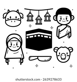 SET OF CUTE HAND-DRAWN ALL ABOUT HAJJ UMRAH EID ADHA CULTURE DOODLE BLACK AND WHITE OUTLINE 