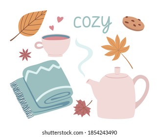 A set of cute hand-drawn, autumn elements. Vector teapot, mug, blanket, leaves for a seasonal, cozy design.
