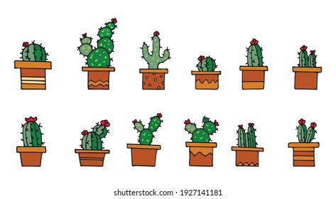 Conjunto de lindos Cactus dibujados a mano en el estilo Doodle de color. Adecuado para pegatinas, iconos, postales. EPS vectorial 10