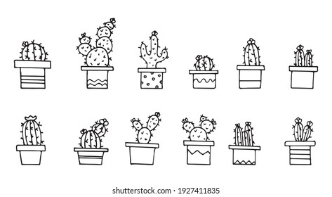 Conjunto de Cactus dibujados a mano en estilo Doodle. Adecuado para pegatinas, iconos, postales. EPS vectorial 10