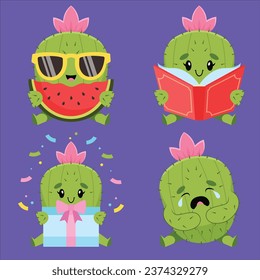 set cute handdrawn cactuses reading book eating watermelon crying holding gift box vector design illustration