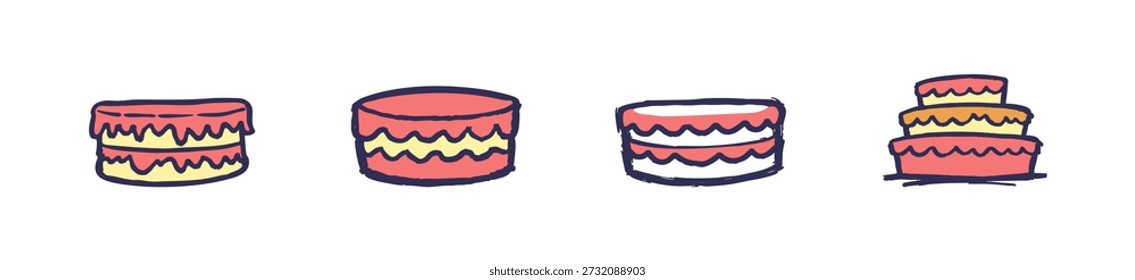 Set of cute hand-drawn cake illustrations in a whimsical doodle style with pink and yellow frosting, including layer cakes and a tiered wedding cake.