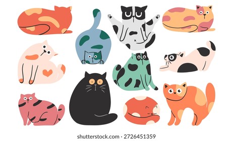 Set of cute hand-drawn cat characters in various funny poses. Colorful flat vector felines with different patterns and spots