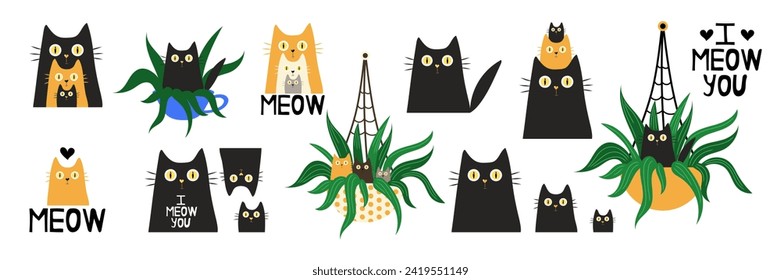 Establece gatos lindos dibujados a mano. Ilustración vectorial simple para el diseño de tarjetas y para niños. Concepto de mascotas, amor y concepto familiar. Ilustración vectorial aislada.