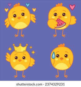 establecer lindas pollitas dibujadas a mano comiendo sandía sensación de amor confundida usando ilustración de la corona vectorial