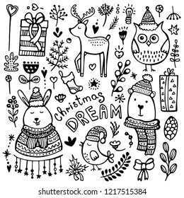 Set of cute hand-drawn Christmas, New Year’s and winter’s elements isolated on white background. 