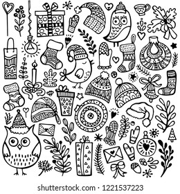 Set of cute hand-drawn Christmas, New Year and winter elements isolated on white background. Doodle vector collection.