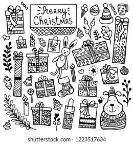 Set of cute hand-drawn Christmas, New Year and winter elements isolated on white background. Doodle vector collection.