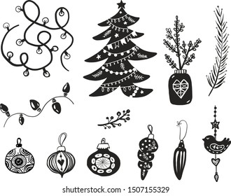 Set of cute hand-drawn Christmas and New Year elements isolated on white background. Christmas tree decor elements isolated vector illustration.