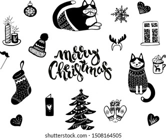 Set of cute hand-drawn Christmas, New Year and winter elements isolated on white background. Vector illustration with Christmas cats, xmas tree, candles and decoration. Vector greeting card.