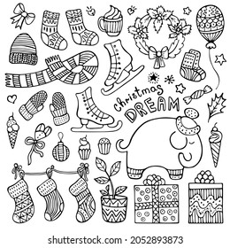 Set of cute hand-drawn Christmas and winter elements isolated on white background.