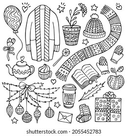Set of cute hand-drawn Christmas and winter elements isolated on white background.