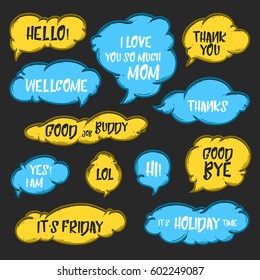 Set of cute handdrawn cloud with text, quote and greetings vector illustration