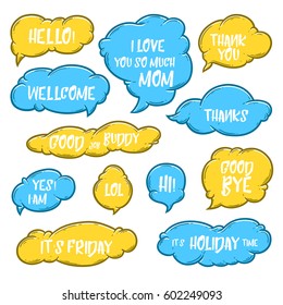 Set of cute handdrawn cloud with text, quote and greetings vector illustration