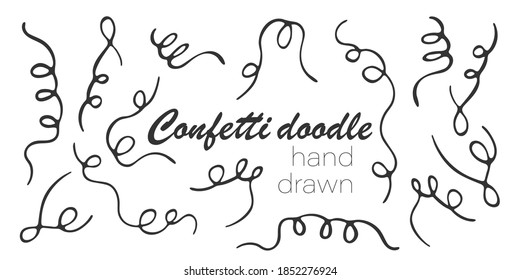 Juego de adorables garabatos de confeti dibujados a mano. Resumen de formas geométricas de cintas y dulces. Ilustración del vector