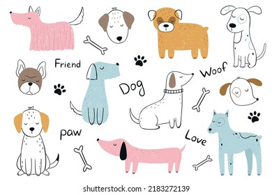 A set of cute hand-drawn dogs. Colorful cartoon animals and handwritten phrases. Vector illustration