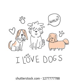 Set of cute handdrawn dogs line illustrations isolated on white with sign and speech bubble. Cute sketchy dogs lover illustration. Perfect for baby textile, tshirts, fabrics, stationary, posters