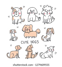 Set of cute handdrawn dogs line illustrations isolated on white with hearts. Cute sketchy dogs breeds collection. Perfct for baby textile, tshirts, fabrics, stationary, posters, coloring books