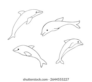Set of cute hand-drawn dolphins in different poses. Minimalistic black line art on white background, perfect for coloring pages, kids designs, and sea-themed projects.