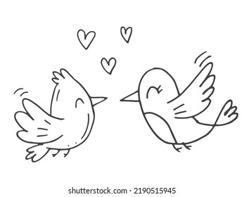 Set of cute hand-drawn doodle elements about love. Message stickers for apps. Icons for Valentines Day, romantic events and wedding. Two birds in love are flying with hearts.