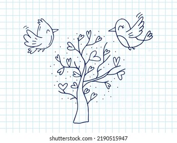 Set of cute hand-drawn doodle elements about love. Message stickers for apps. Icons for Valentines Day, romantic events and wedding. A checkered notebook. Two lovebirds fly over a love tree.