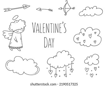 Set of cute hand-drawn doodle elements about love. Message stickers for apps. Icons for Valentines Day, romantic events and wedding. Cupid with a bow and arrow in the clouds.