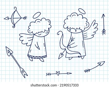 Set of cute hand-drawn doodle elements about love. Message stickers for apps. Icons for Valentines Day, romantic events and wedding. Checkered notebook. Cupid with a halo and wings, arrows and a bow.