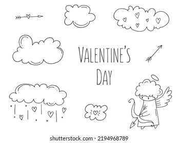 Set of cute hand-drawn doodle elements about love. Message stickers for apps. Icons for Valentines Day, romantic events and wedding. Cupid with a bow and arrow in the clouds.