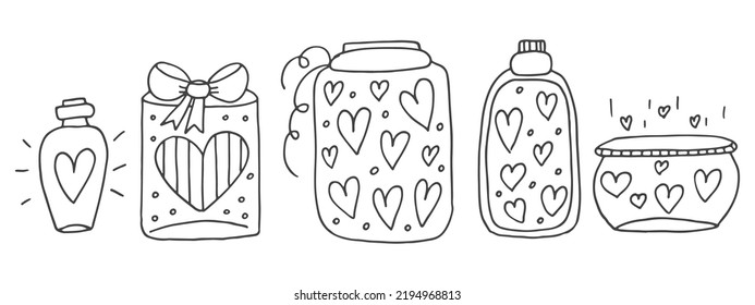Set of cute hand-drawn doodle elements about love. Message stickers for apps. Icons for Valentines Day, romantic events and wedding. Jars with hearts and love potion.