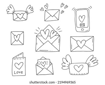 Set of cute hand-drawn doodle elements about love. Message stickers for apps. Icons for Valentines Day, romantic events and wedding. Envelopes with love letters and wings and a phone with a message.