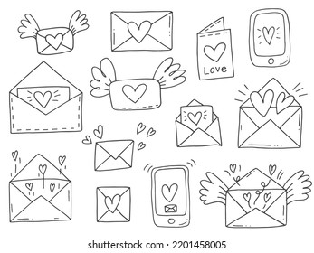 Set of cute hand-drawn doodle elements about love. Message stickers for apps. Icons for Valentines Day, romantic events and wedding. Envelopes with love letters and wings with a message and a heart.