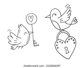 Set of cute hand-drawn doodle elements about love. Message stickers for apps. Icons for Valentines Day, romantic events and wedding. Two birds with a lock and a key in the shape of a heart.