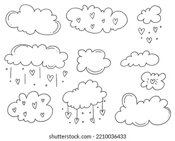 Set of cute hand-drawn doodle elements about love. Message stickers for apps. Icons for Valentines Day, romantic events and wedding. Clouds and rain from hearts.