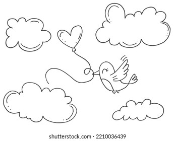 Conjunto de adorables elementos de doodle dibujados a mano sobre el amor. Etiquetas de mensajes para aplicaciones. Iconos para el Día de San Valentín, eventos románticos y bodas. Un pájaro con un globo en el cielo con nubes.